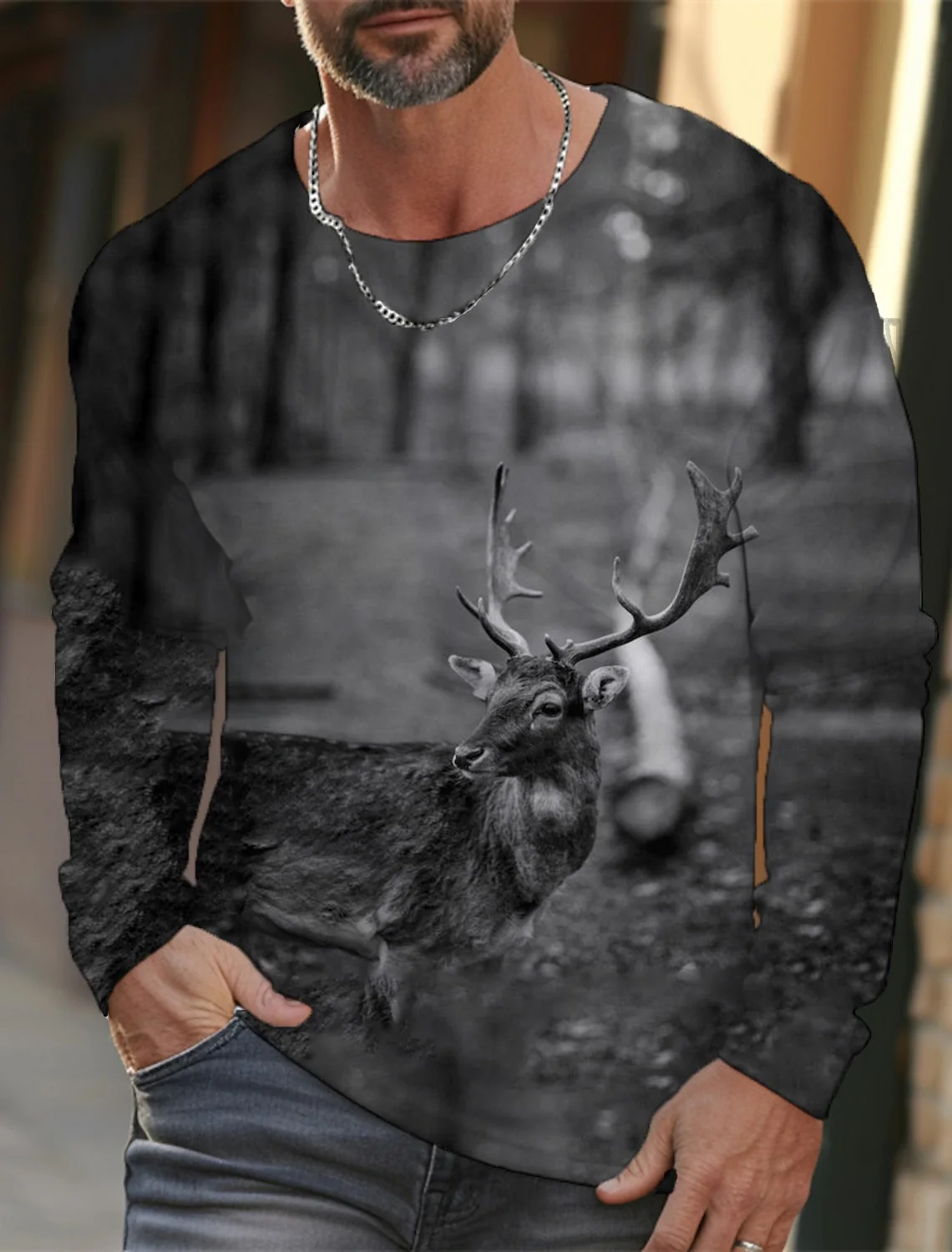 

Vintage men long sleeve t-shirt men's casual top fashion black deer animal 3D full print suit