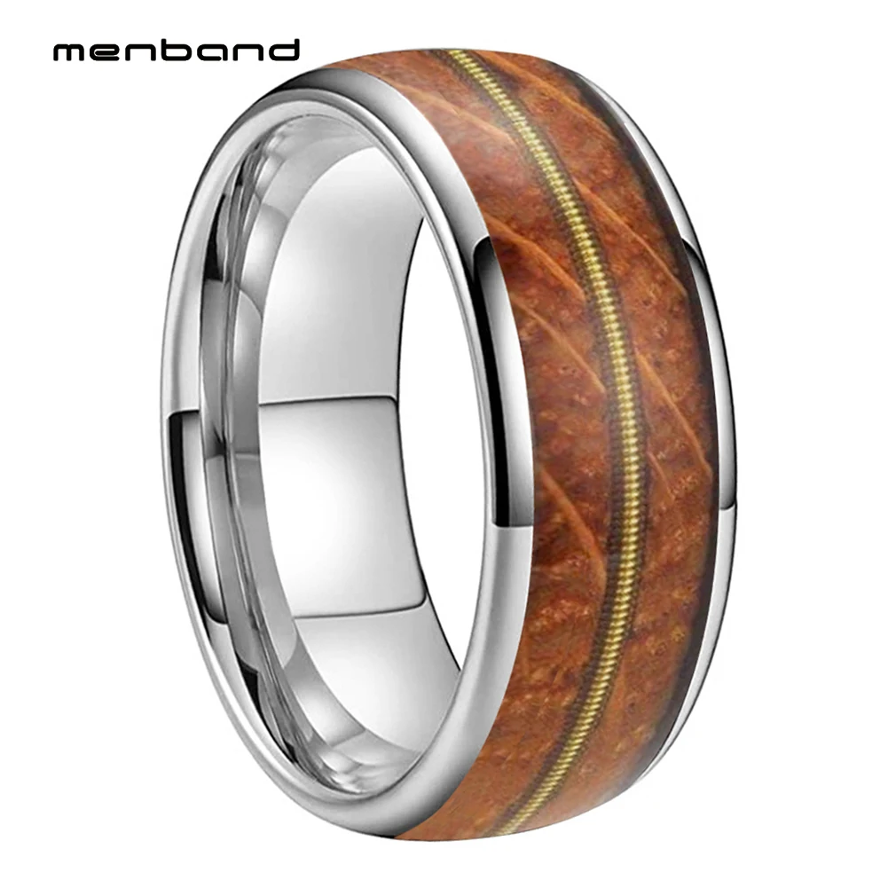 

8mm Men Women Rings Tungsten Carbide Wedding Band With Guitar String Whisky Barrel Oak Wood Inlay Dome Polished Comfort Fit