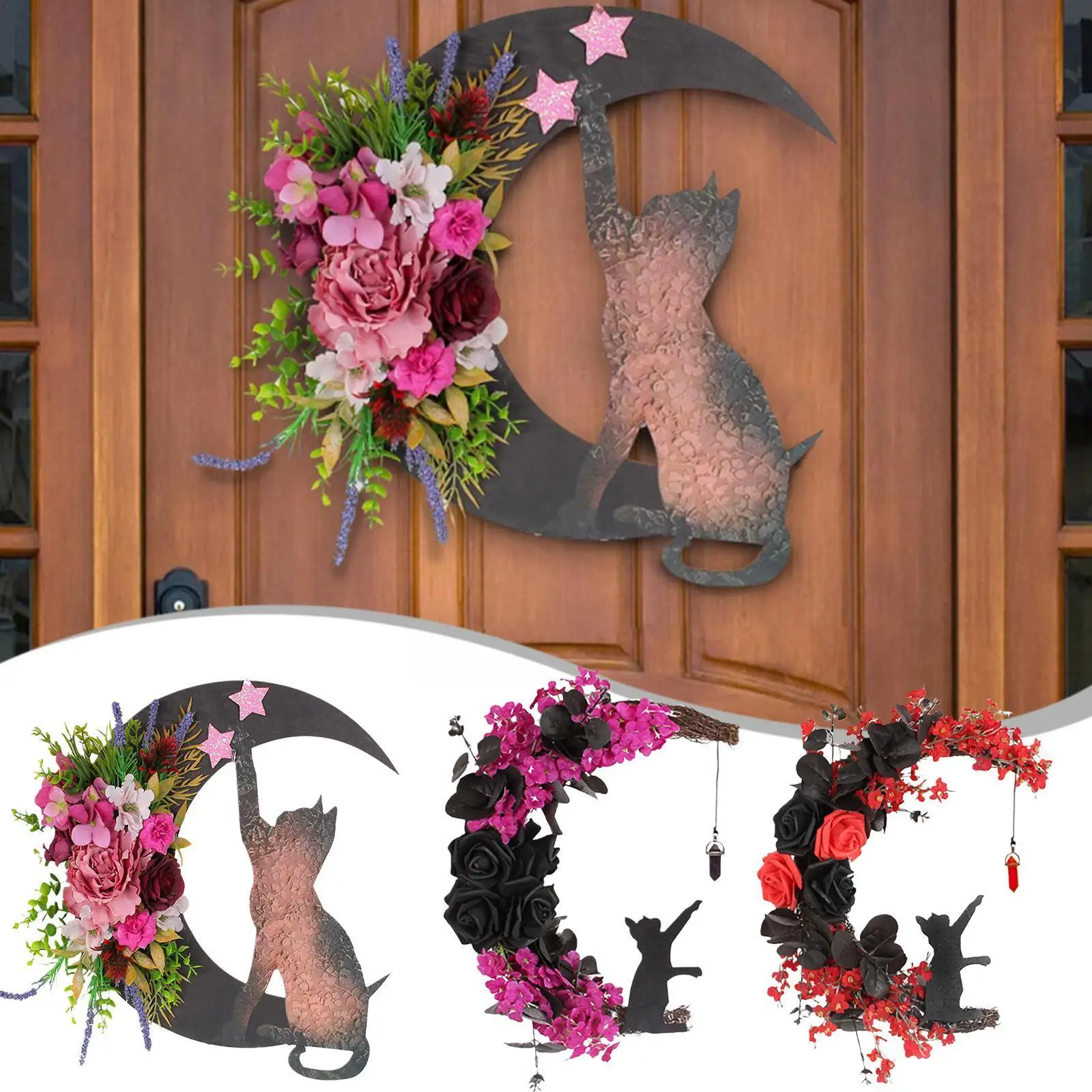 

Венок на переднюю дверь для Хэллоуина, Готическая роза, Луна, Черный кот, украшения для вечеринки, страшный домашний декор, реквизит, праздничный Декор G0S4
