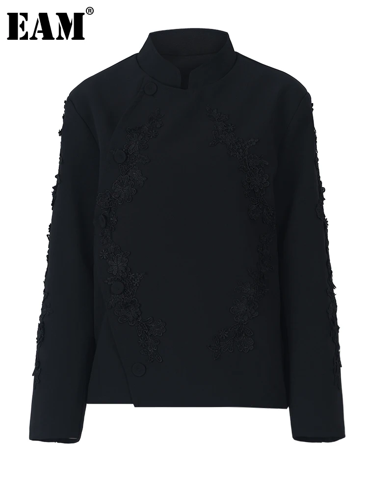 

[EAM] Women Black Vintage Asymmetric Big Size Blazer New Stand Collar Long Sleeve Jacket Fashion Spring Autumn 2023 1DF6310