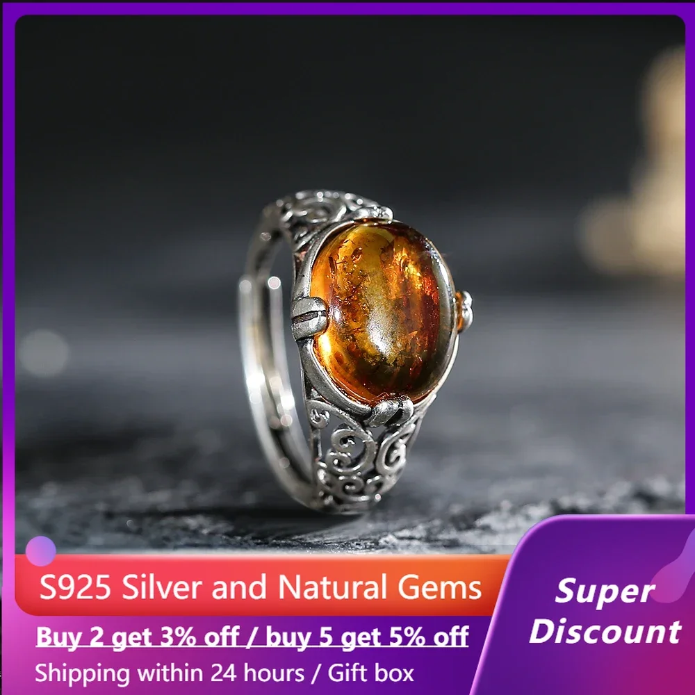 Винтажное широкое кольцо из серебра S925 женское натуральной смолы и янтаря