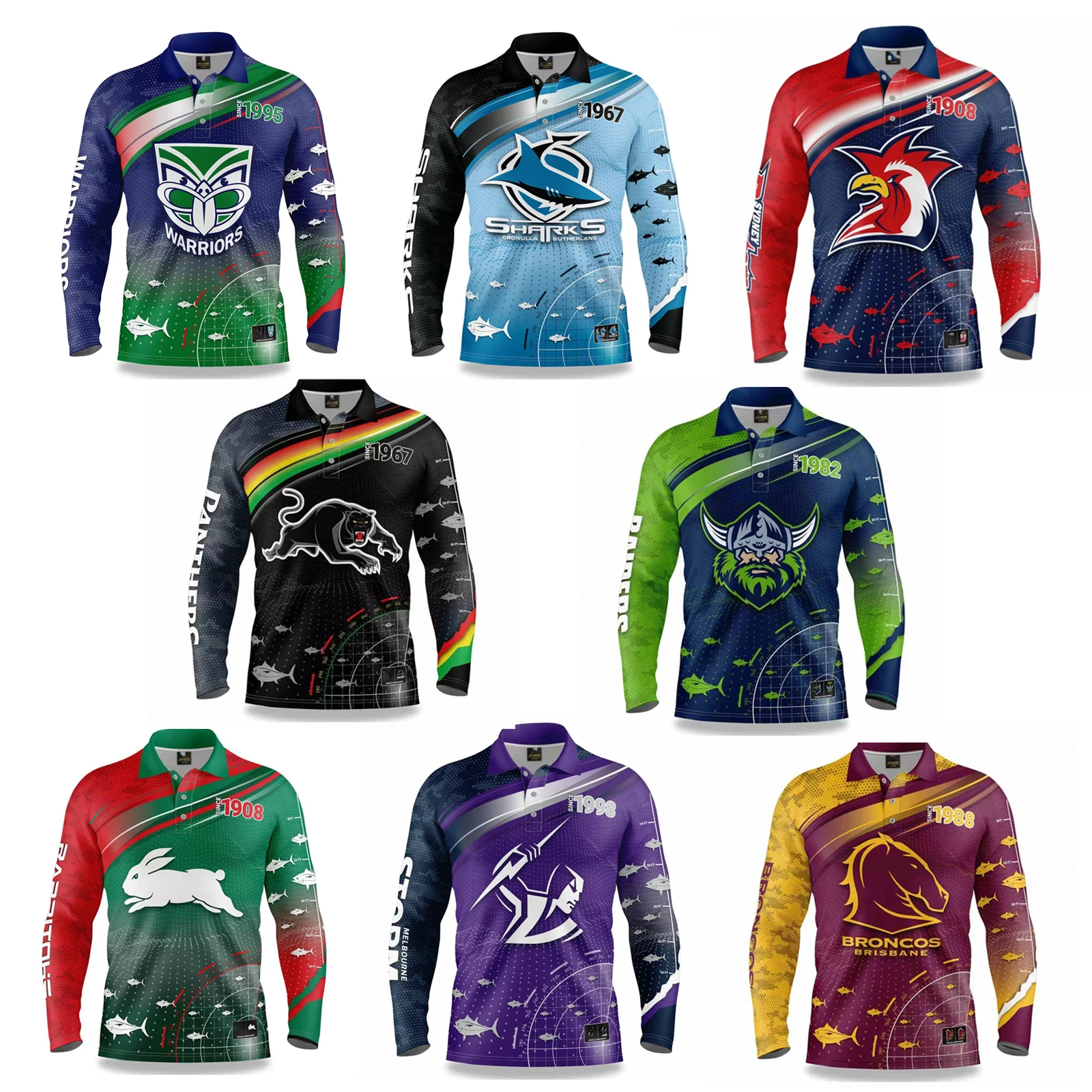 

2022 FishFinder Fishing shirts for Raiders Panthers Warriors Sharks Roosters Rabbitohs Storms Broncos