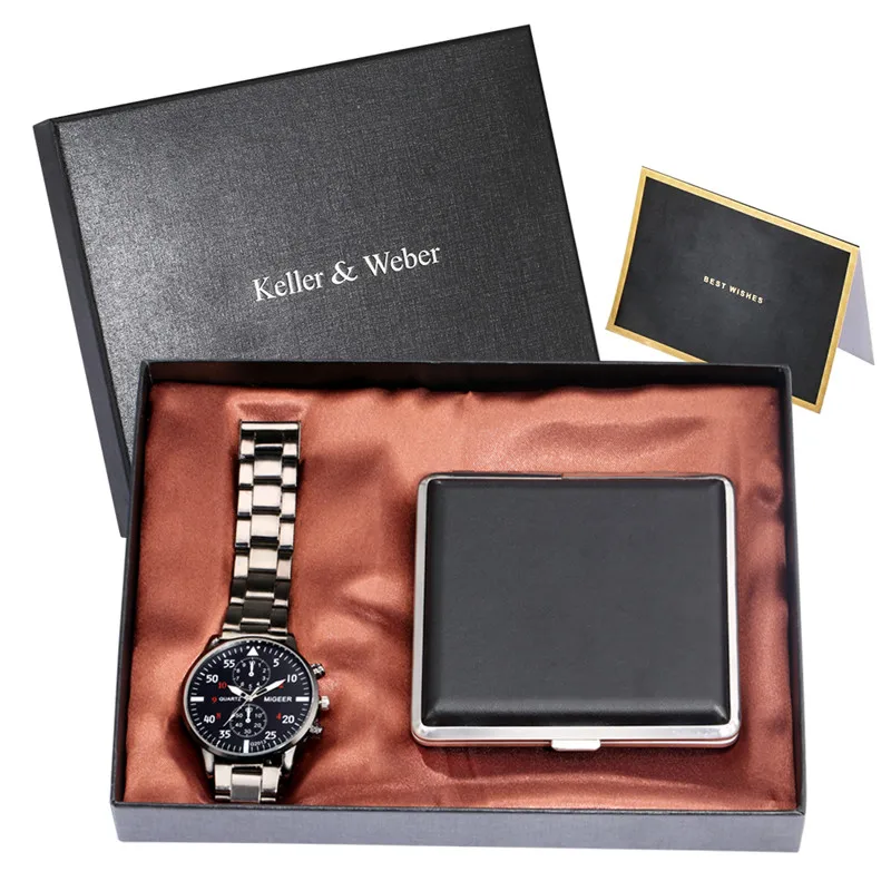 

Creative Gift Set To Men Deco Sub-Dial Business Alloy Quartz Analog Wrist Watch Alloy Square Cigarette Case Anniversary Present