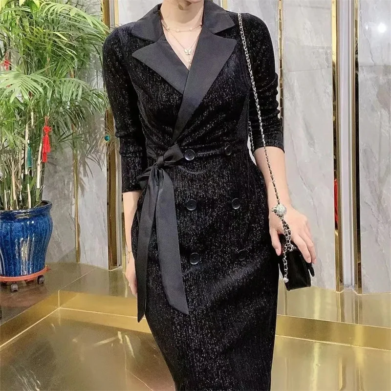 

Vintage Suit Collar Long-Sleeved Dress 2022 Autumn New Waist And Thin Ladies Temperament Long Dress Stretch Dresses Bright Silk