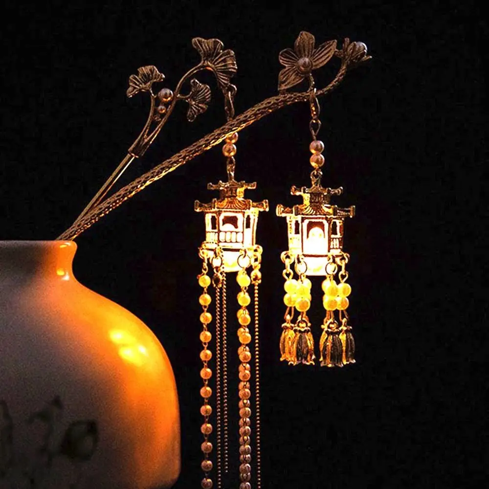 

Vintage Classical Hairpin Glow Pavilion Pendant Lamp Tassel Hair Sticks Ancient Hanfu Headdress Women Chinese Style Ornaments