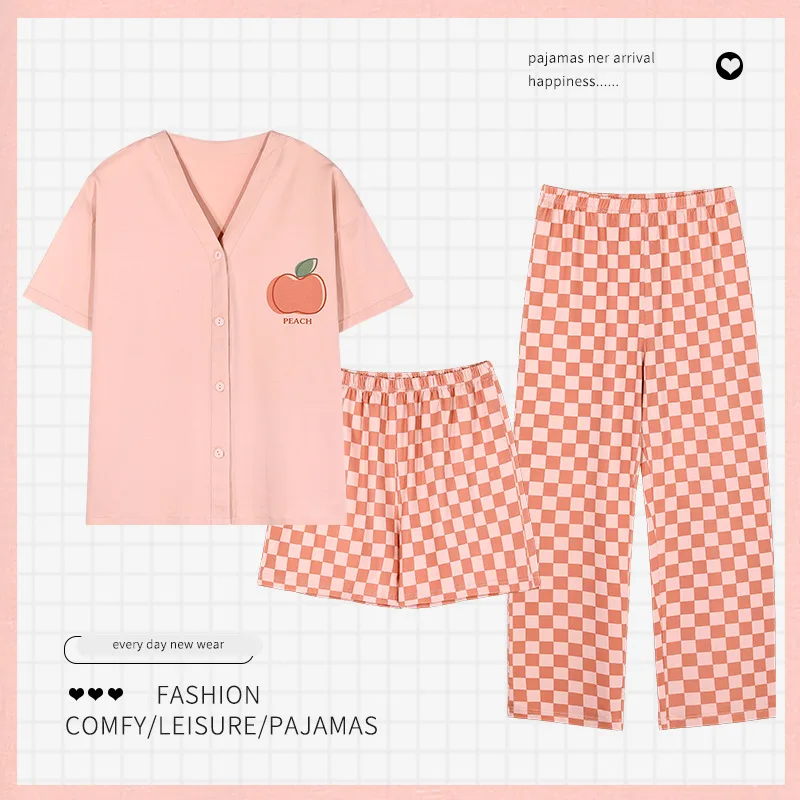 

3Pcs/Set Kimono Sleepwear Summer Cotton Women's Nightwear Shorts Pajamas Set Female Girl Sleeping Tops Long pant Pjs