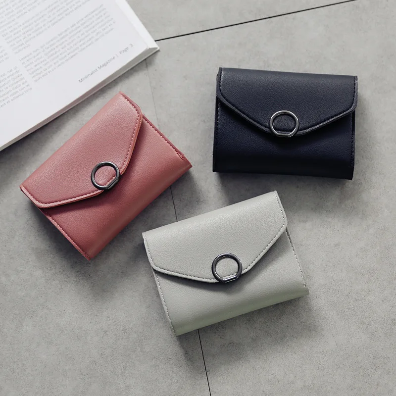 Short Wallet for Woman Litchi Pattern Pure Color Student Circle Ring Change Triple-Folded Billfold Coin Purse