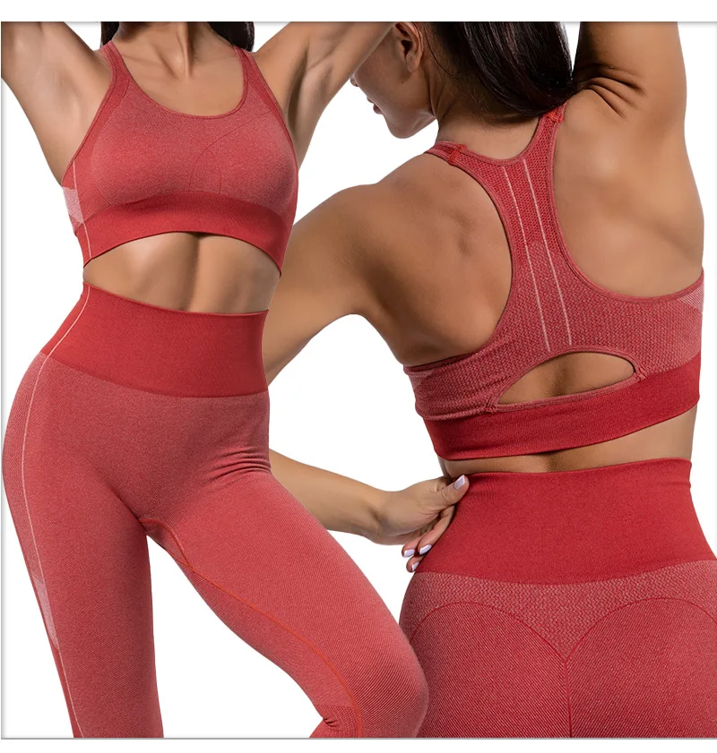 Seamless Yoga Suit Set Hollow Beautiful Back Sports Fitness Running Bra High Waist Yoga Pants Fitness Suit Women's Suit