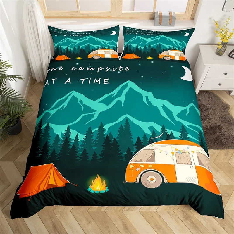 

Camping Duvet Cover Microfiber Galaxy Stars Moon Happy Camping Comforter Cover Camper Truck Geometry Mountain Trees Bedding Set