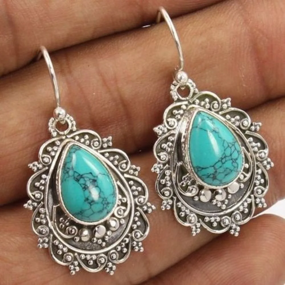 

1Pair Women Earrings Retro Water Drop Turquoise Earring Ethnic Style Hand Carving Dangle Earring Wedding Anniversary Jewelry