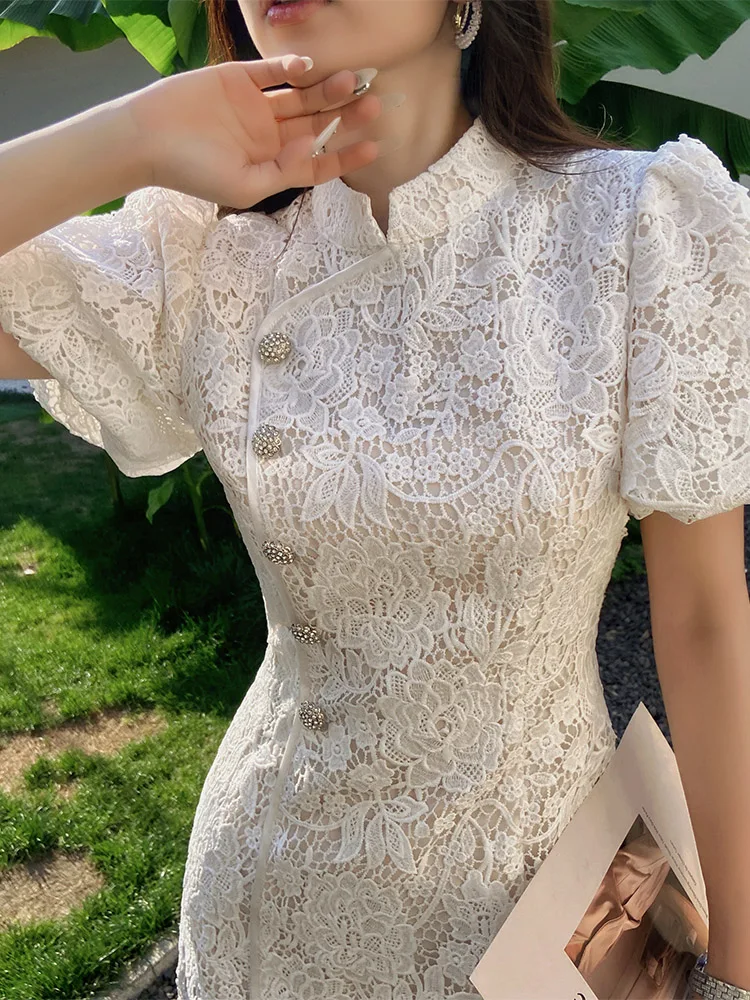 DABUWAWA Tienda Vestidos Elegantes Para Women Lace Dress For Chinese StyleHook Flower Hollow Skirt Y2K DA1BDR087