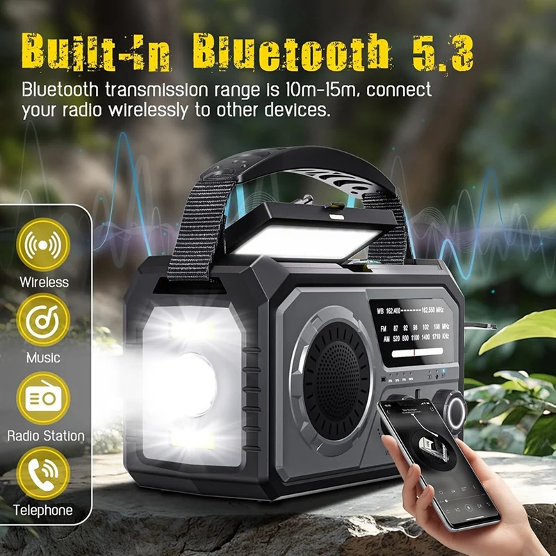 Аварийное радио H21 Bluetooth 5 3 с рукояткой солнечное NOAA/AM/FM фонариком SOS Alert 16000 мАч
