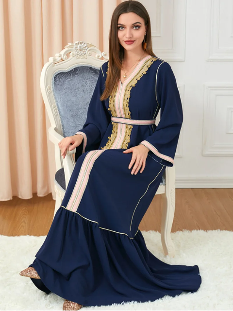 Womens Dresses Embroidery Guipure Lace Panel Belted Kaftan Long Sleeve Pleated Slim Dress Jalabiyat Ramadan 2022 Dubai