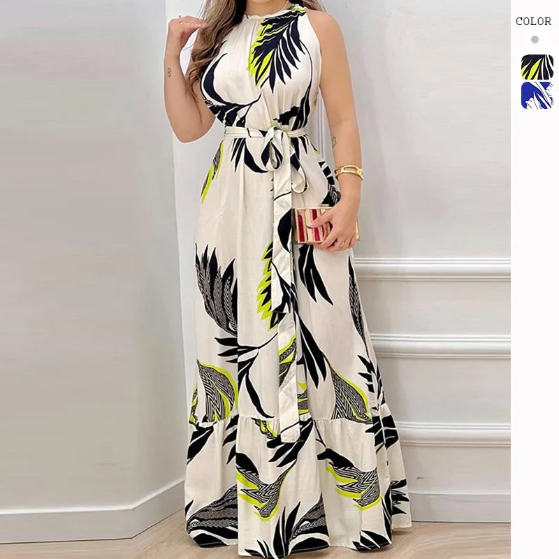 

2023eaby Summer New Hot Sale Halter Dress Lace Printing Flounced Skirt