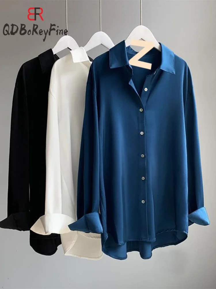 Женская атласная шелковая блузка оверсайз осенняя офисная одежда в стиле ретро