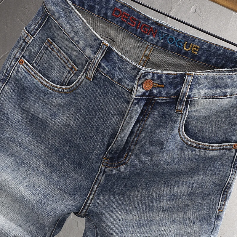 Summer Fashion Men Jeans Retro Washed Blue Embroidery Designer Elastic Casual Short Jeans Homme Vintage Cotton Denim Shorts Men