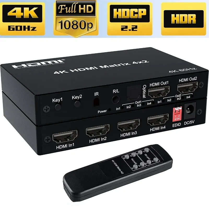 Матрица HDMI 2x4, матрица 4K 60 Гц, переключатель матрицы HDMI 2x4 4x2 2x2 с аудио экстрактором, Матрица HDMI, переключатель, сплиттер для ПК, PS5, ТВ, HDCP2.2