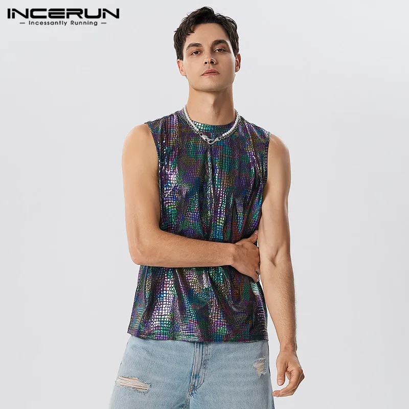 INCERUN Tops 2023 Handsome Men's Glitter Coated Fabric Vests Stylish Streetwear Male Hot Sale Loose Comfortable Waistcoat S-5XL