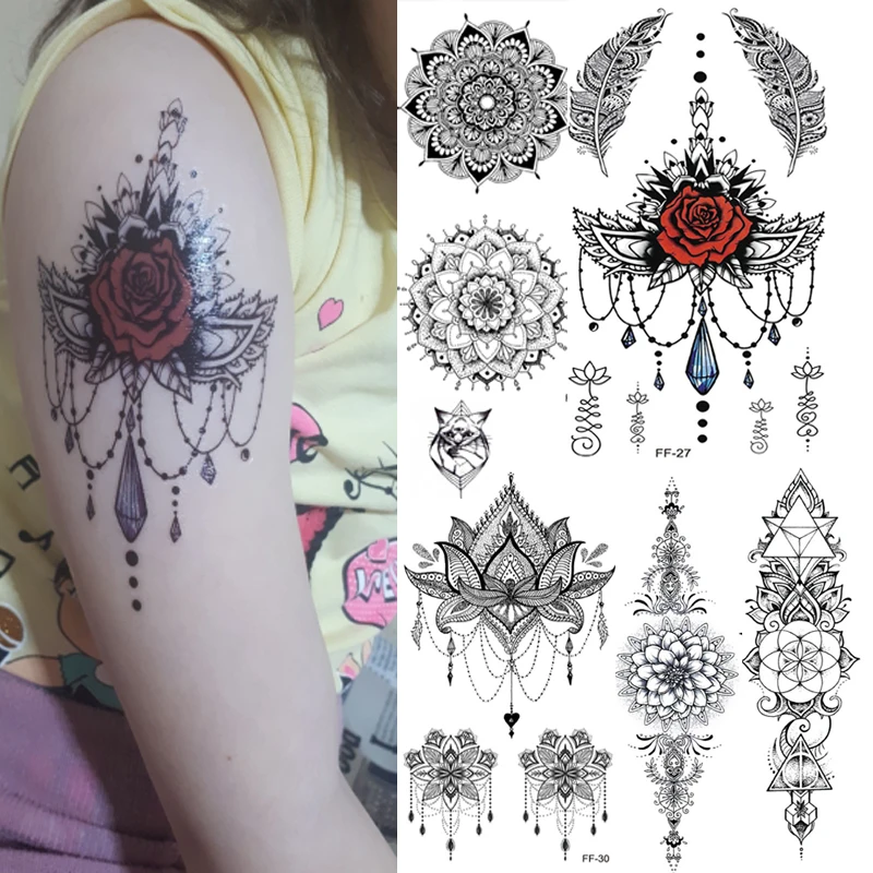 Водостойкая Временная тату-наклейка сделай сам мандала цветок черный большой