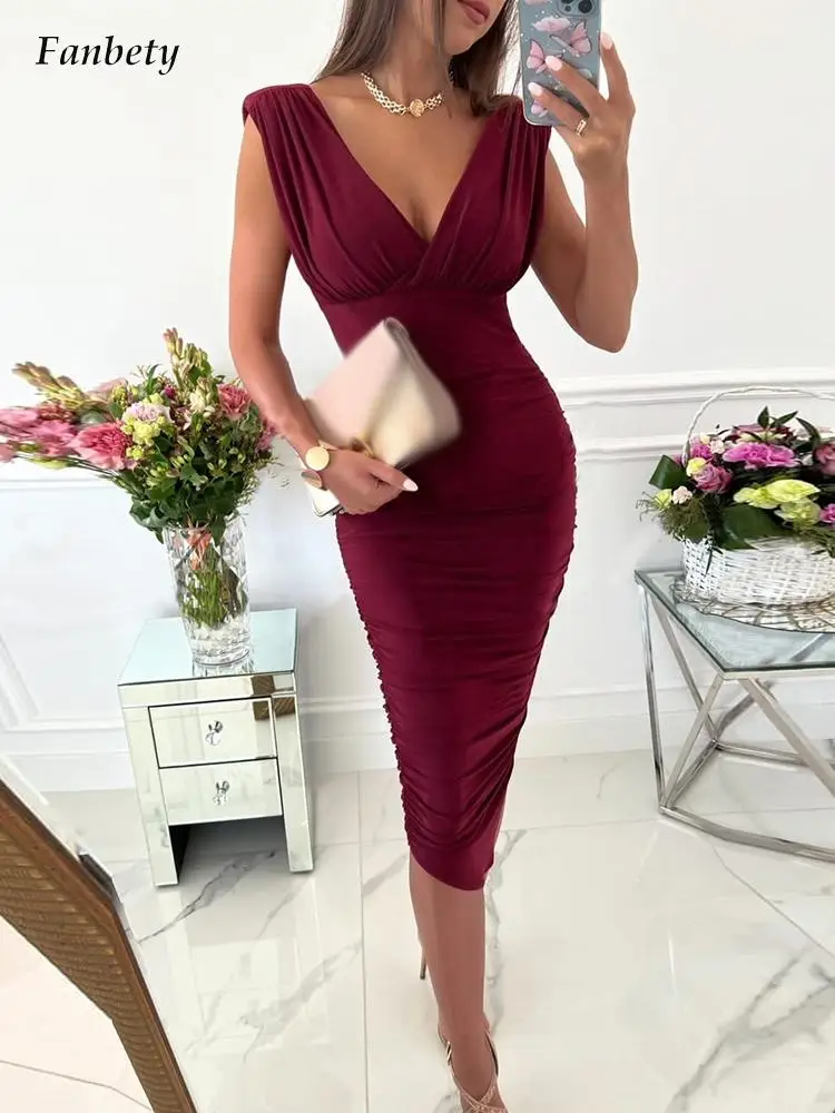 

Elegant Solid Deep V-Neck Sexy Party Dresses Women Slim Elastic Waist Midi Dress Summer Sleeveless Fold Female Skinny Dress 2022