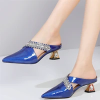 rhinestones wedding slippers women genuine leather high heel gladiator sandals female pointed toe pumps party mules casual shoes