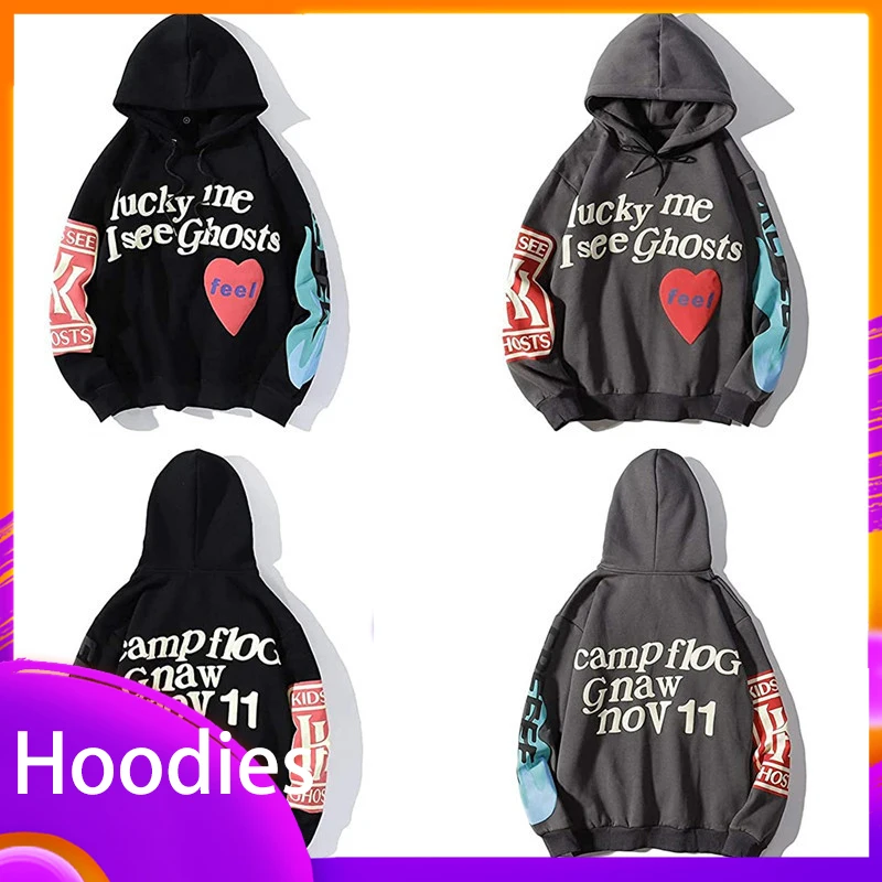 

Lucky Me I See Ghosts Hoodies Hip-hop Letter Print Harajuku Long-sleeved Sweatshirts Casual Fashion Loose Tops Clothes Unisex