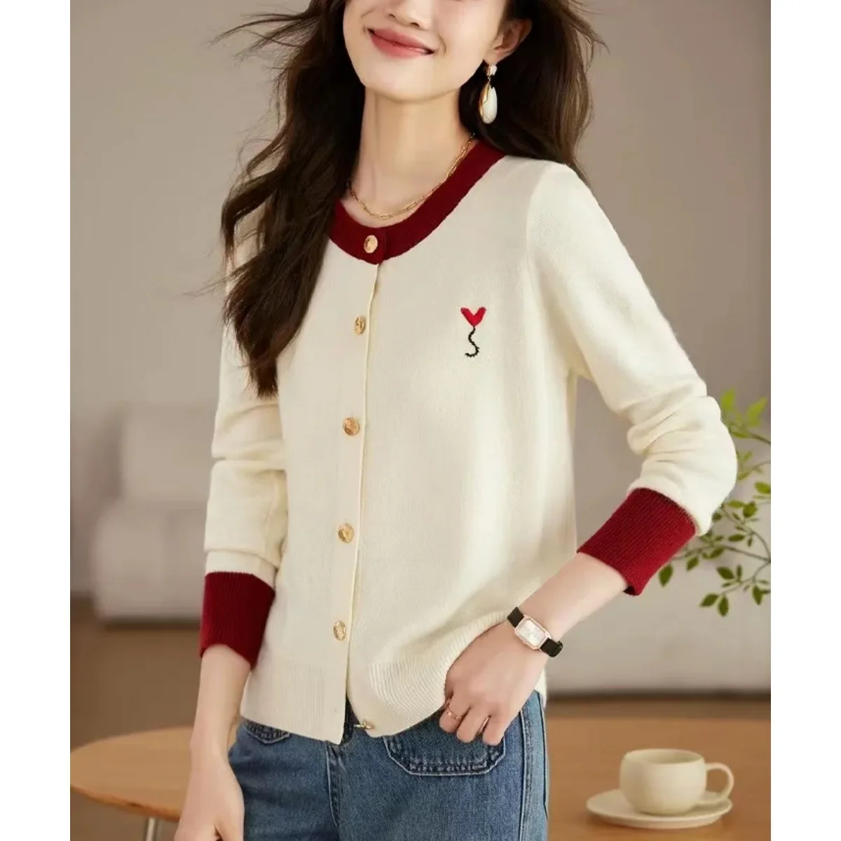 Винтажный вязаный свитер с круглым вырезом кардиган женский элитный стильный