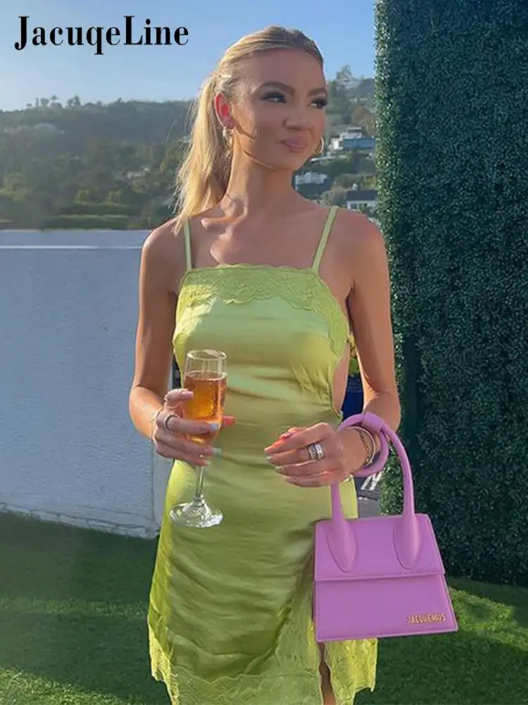 

Jacuqeline 2022 Green Y2K Sexy Backless Stain Dress Sleeveless Lace Women Outfit Summer Elegant Mini Bodycon Party Dresses Split