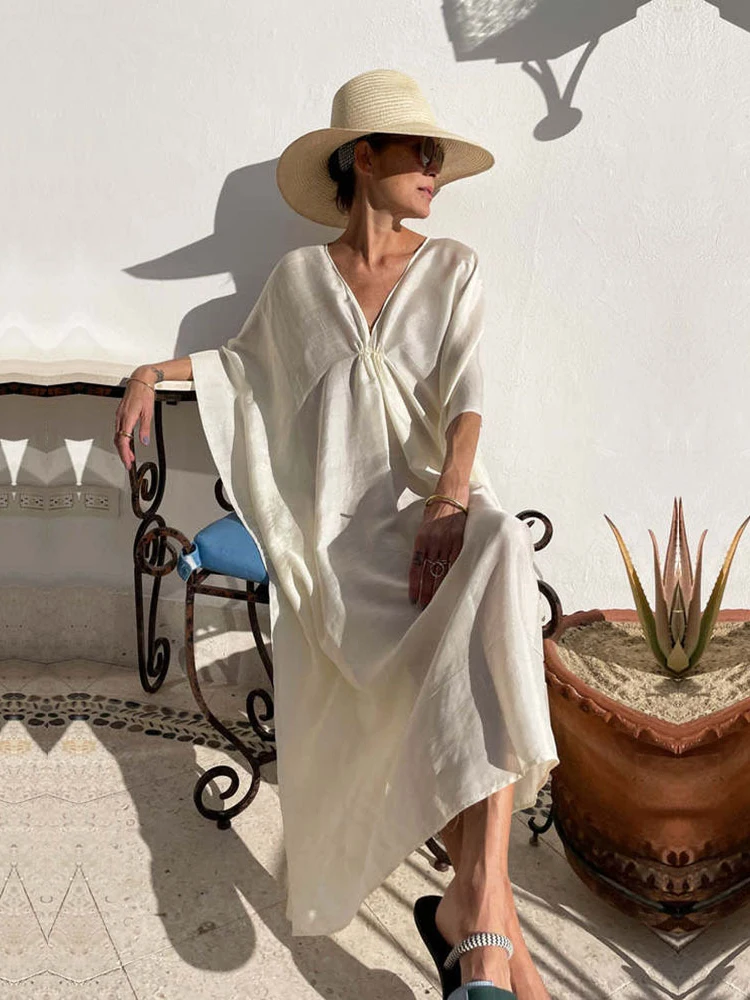 

Short Sleeve Bathing Suit Women 2022 Summer V Neck Bohemian Free Loose Fit Sunscreen Cover Ups for Swimwear Women Coverup Dress