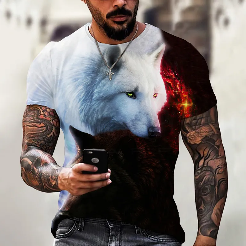 

Wolf T-shirt Men 3D Printing Tshirt Black And White Flame T Shirts O Neck Hip-hop Tops Street Harajuku Breathable Mens Clothing