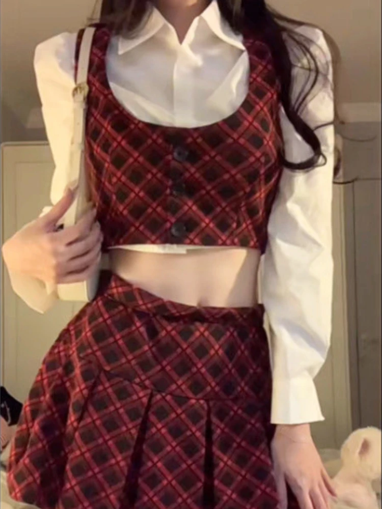 

Женский элегантный комплект из 3 предметов, летний сексуальный короткий топ Y2k + клетчатые шорты, корейские модные костюмы, яркая шикарная одежда, 2023