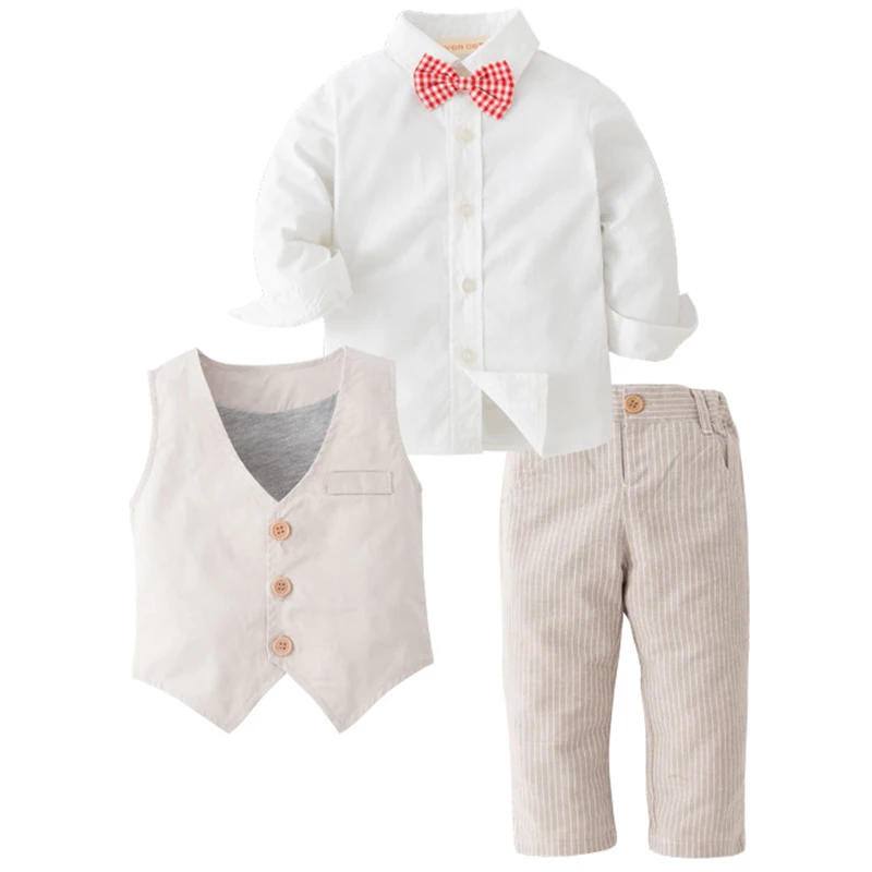

4Piece 2023 Spring Autumn Baby Boy Clothes Casual Fashion Gentleman Vest+White T-shirt+Pants+Tie Children Clothing Set BC418