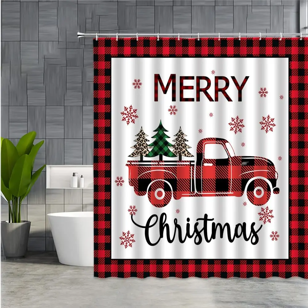 

Рождественская занавеска для душа с грузовиком, красная буйвола, клетчатая елка, снежинка, веселые украшения, аксессуары, занавески с крючк...