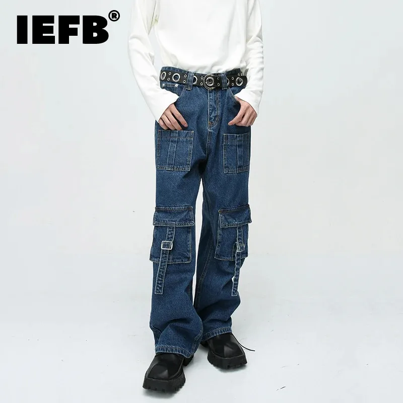 

Джинсовый комбинезон IEFB 9C3281 мужской, модный джинсовый комбинезон с широкими штанинами, с несколькими карманами, уличная одежда, 2023