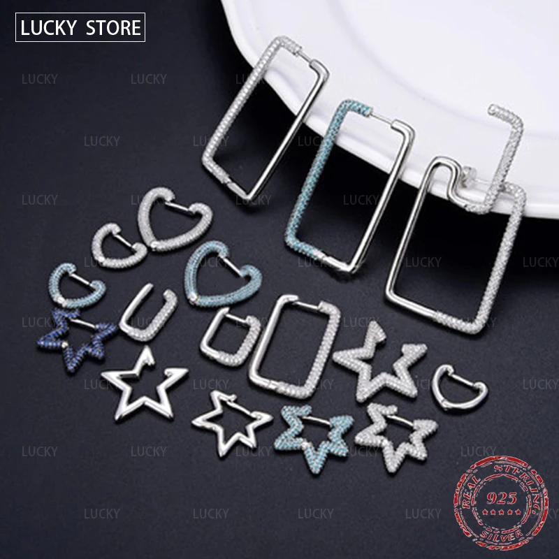 

Silver necklace sterling s925, five-pointed star, heart shape, geometric rectangle earring, simple luxury jewel, Monaco