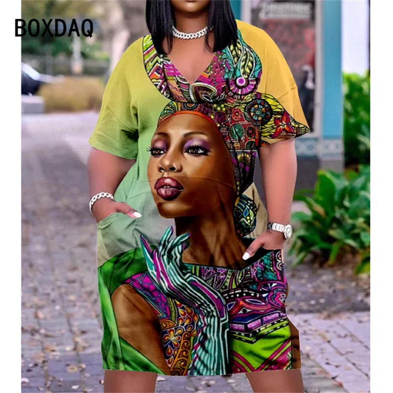 

Oversized Women Dress Balck Girls 3D Painting Print Loose Knee Dress Casual Short Sleeve V-Neck With Pockets Dress Vestidos