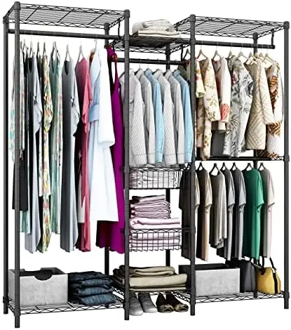 

6 Tiers Heavy Duty Garment ,Clothing Storage Organizer, Metal Clothing ,Clothing with Hanging Rod,Adjustable Shelf and Fixed Ba