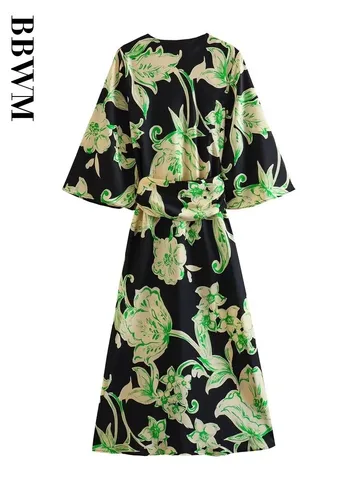 2023 Women Sexy V Neck Midi Dresses With Belt Summer Casual Print Three Quarter Sleeve Elegant Chic Female Dress Vestidos