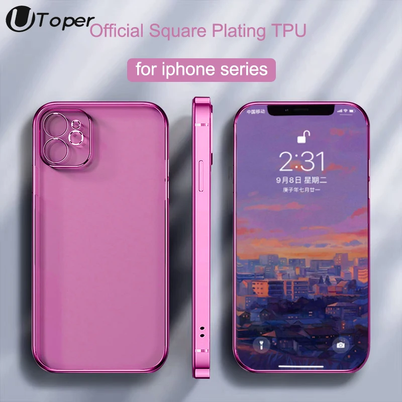 

UTOPER Square Plating Clear Soft TPU Case for iPhone 11 12 13 Pro Max Mini XS Max XR X 7 8 Plus SE2 Transparent Shockproof Cover