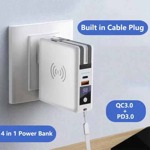 Беспроводной внешний аккумулятор 4 в 1, 10000 мАч, с кабелем, вилкой переменного тока, настенное зарядное устройство PD, 20 Вт, быстрая зарядка для iPhone 16 Xiaomi Samsung Powerbank