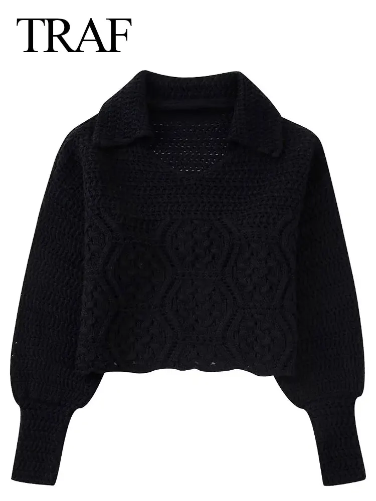 

TRAF Women's Fashion Polo Collar Knit Sweater Pullover Vintage Black Long Sleeve Cropped Loose Pullovers Female Chic Tops