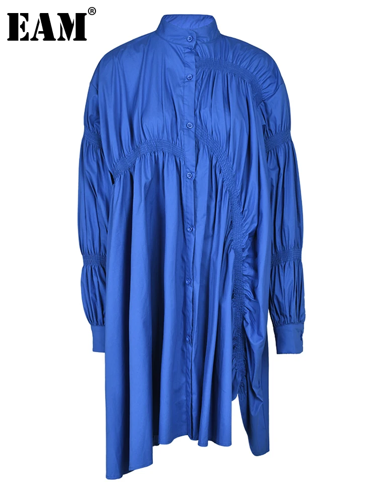 

[EAM] Women Blue Pleated Irregular Big Size Long Blouse New Stand Collar Long Sleeve Shirt Fashion Spring Autumn 2023 1DE471905