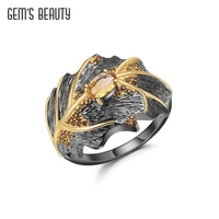 gems beauty oil painting leaves original design finger ring creative 925 sterling silver ring for women natural smoky quartz