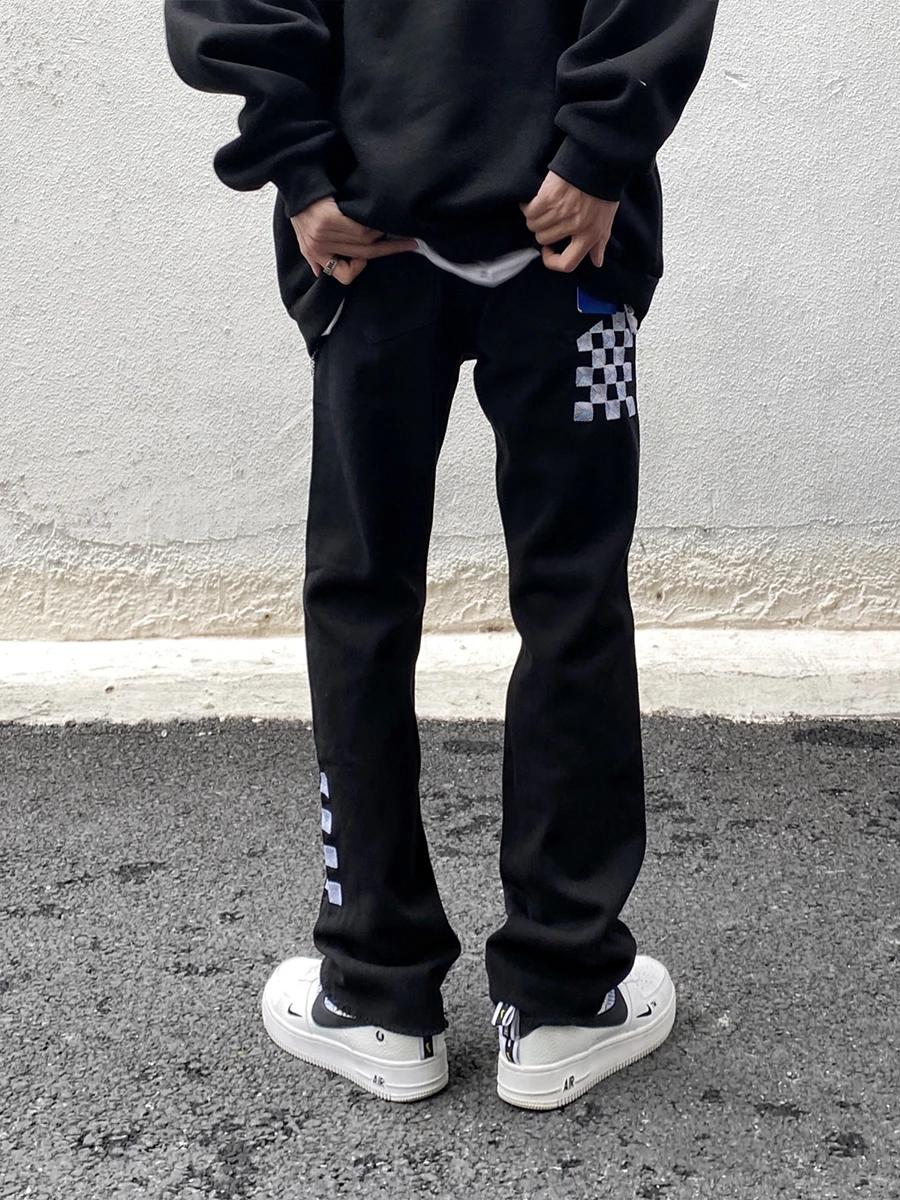 Four Seasons American High Street Checkerboard Embroidery Jeans Hiphop Tide Brand Loose Micro-flare Trousers for Men and Women