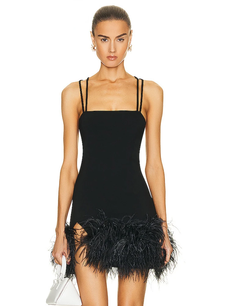 

2023 New Summer Women's Sexy Sleeveless Mini Tight Bandage Dress Black Feather Party Celebrity Club Dress Vestidos