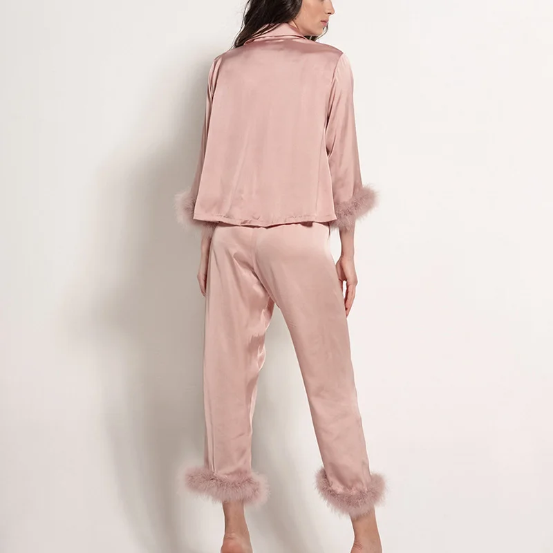 2022 New Seamless Ice Silk Satin Sleepwear Set For Women Fashion Solid Color Feather Sleeve Pajamas Suit Loose Female Homewear
