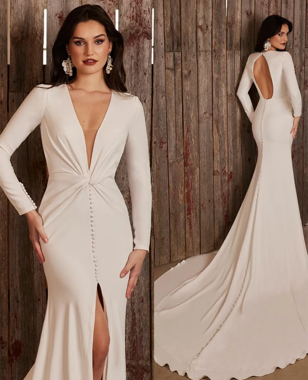 

Elegant Long V-Neck Pleated Wedding Dresses With Slit Mermaid Crepe Sweep Train Ivory Bridal Dress Vestido de Noiva for Women