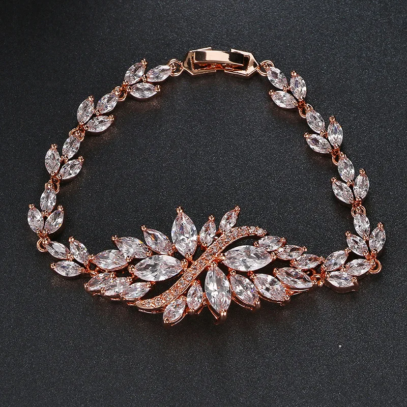 

Charm AAA Cubic Zircon Rose Gold Leaf Flower Desgin Jewelry Bracelets For Woman Elegance Wedding Party Gift Free Shipping