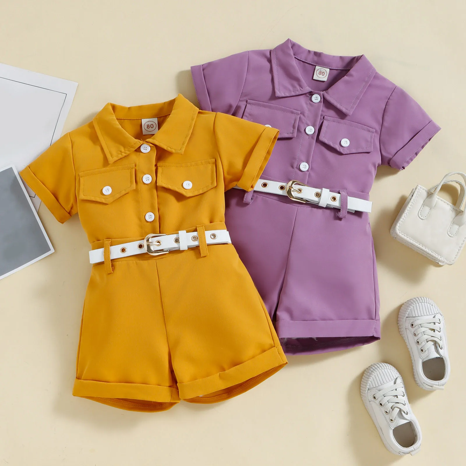 

0-4 Years Kids Little Girls Clothes Sets Solid Color Summer Short Sleeve Single Breasted Shirts+Shorts 2 Pcs Sets With Belt