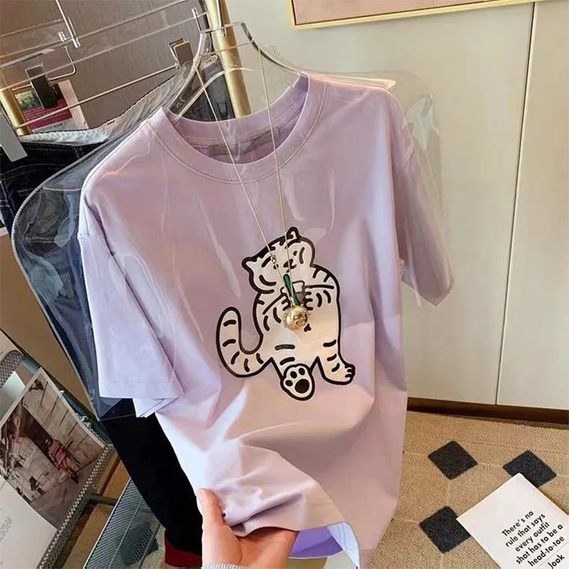 

2022 Summer Women T-Shirt O-Neck Short Sleeve Tee Cartoon Cat Tiger Korean Cotton Top High Quality